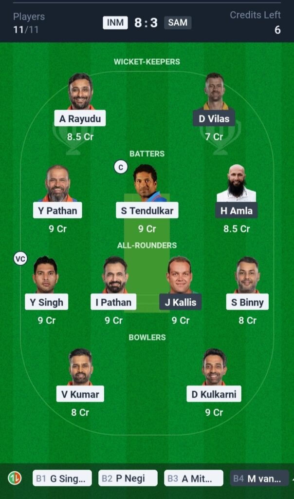 INM vs SAM Today's Dream11 Fantasy Team: India Masters vs South Africa Masters, 7th International Masters League T20 Trophy Match & Pitch Report 3 INM vs SAM Today's Dream11 Fantasy Team