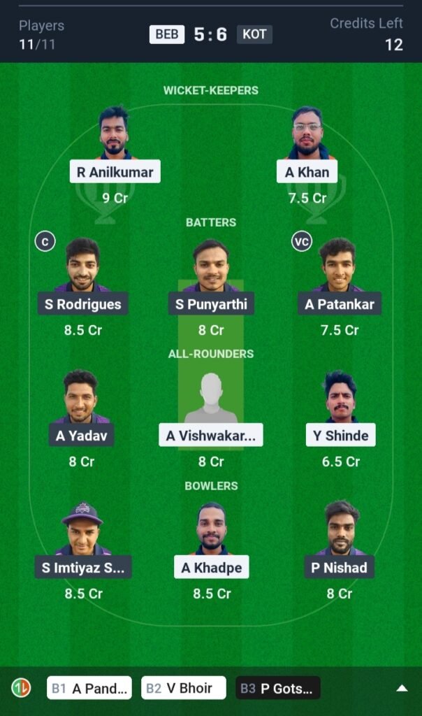 BEB vs KOT Today's Dream11 Fantasy Team: 15th T20 Match & Pitch Report 3 BEB vs KOT Today's Dream11 Fantasy Team