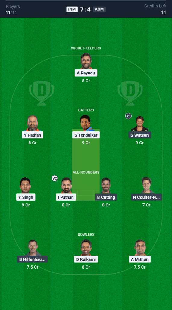 IND-M vs AUS-M Today's Dream11 Fantasy Team: Indian Masters vs Australian Masters, 9th International Masters League T20 Trophy Match & Pitch Report
