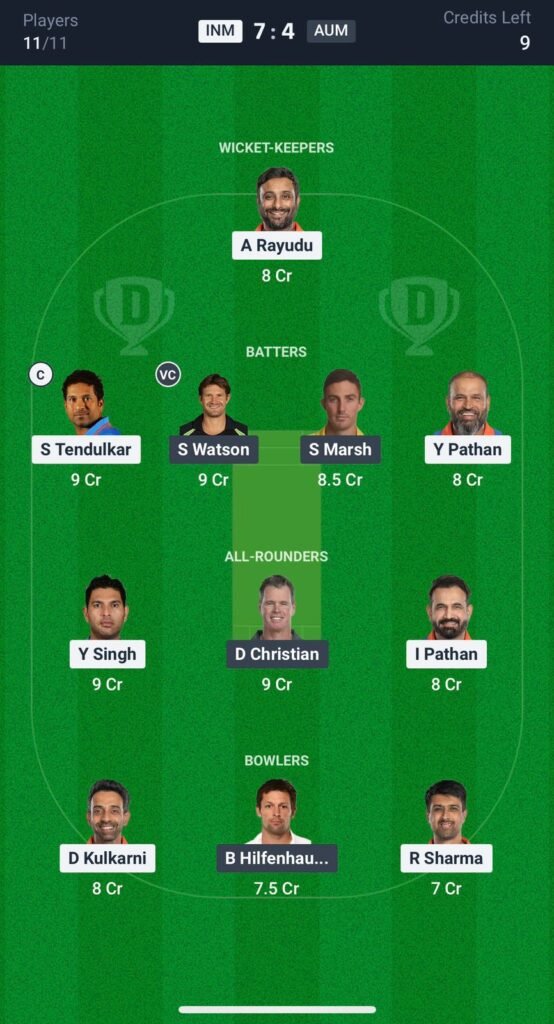 IND-M vs AUS-M Today's Dream11 Fantasy Team: Indian Masters vs Australian Masters, 9th International Masters League T20 Trophy Match & Pitch Report