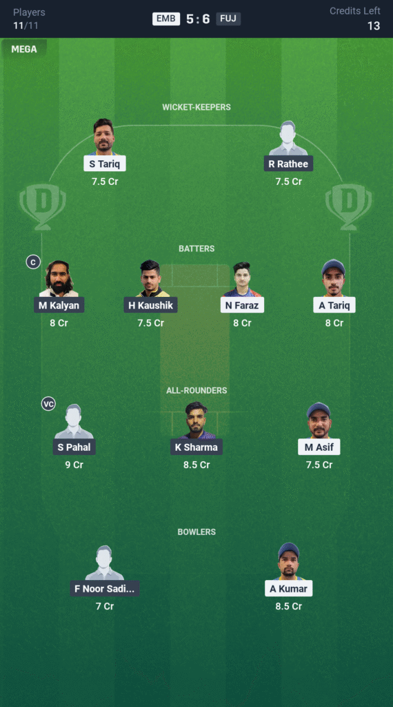 EMB vs FUJ Today’s Dream11 Fantasy Team: 40th T10 Match & Pitch Report 3 EMB vs FUJ Today’s Dream11 Fantasy Team