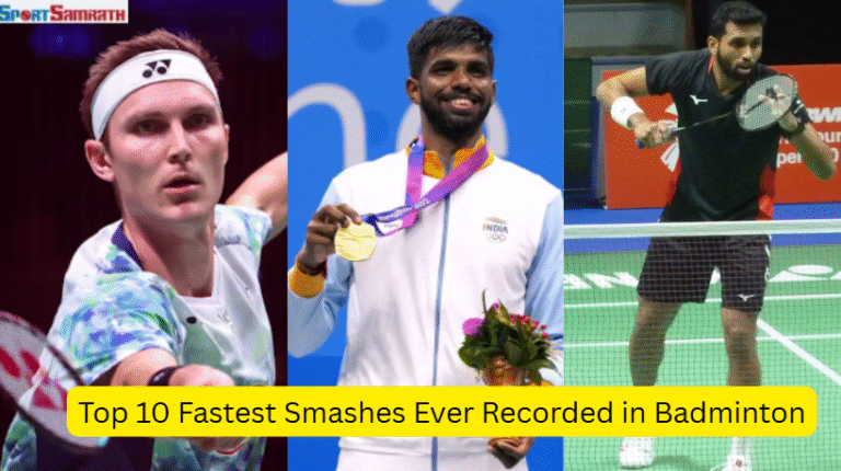 Player executing one of the fastest smashes badminton has ever recorded on court