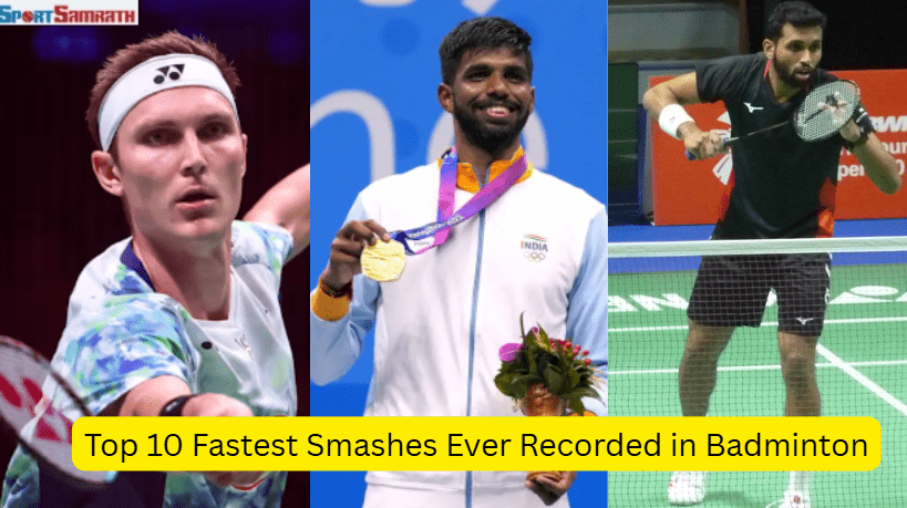 Player executing one of the fastest smashes badminton has ever recorded on court