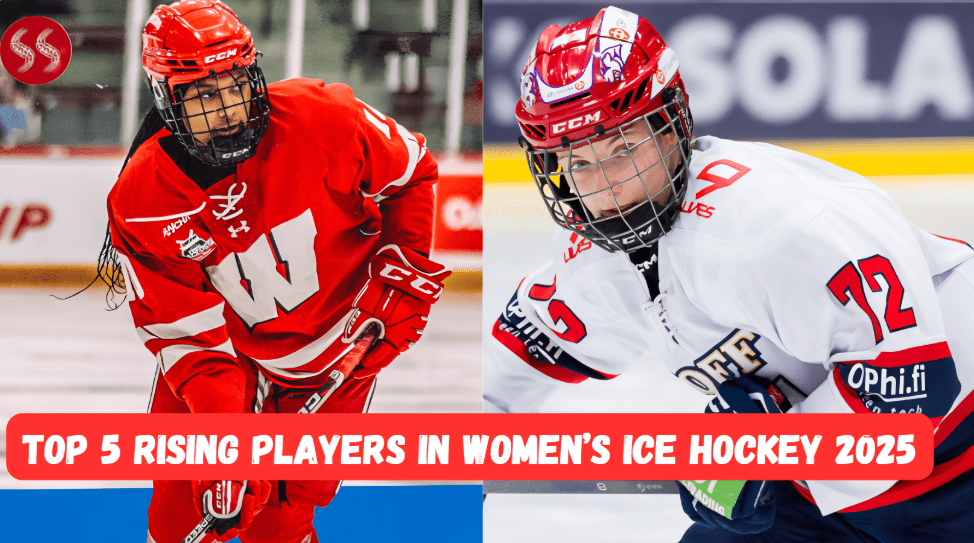 Top 5 rising players in women's ice hockey celebrating during international match in 2025