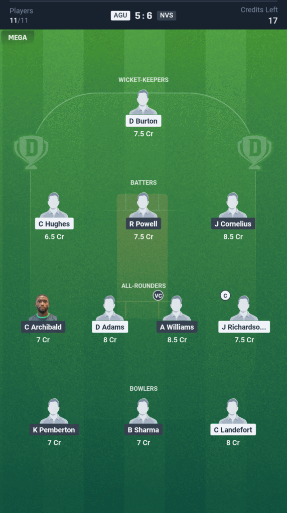 NVS vs AGU Today’s Dream11 Fantasy Team: 10th T20 Match & Promising Pitch Report 3 NVS vs AGU Today’s Dream11 Fantasy Team
