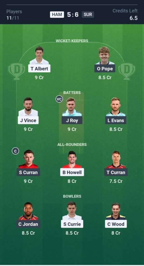 SUR vs HAM Today's Dream11 Fantasy Team: 57th T20 Match & Promising Pitch Report 3 SUR vs HAM Today's Dream11 Fantasy Team: 57th T20 2025