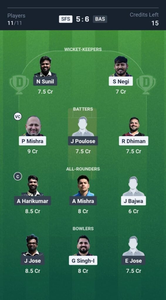 SFS vs BAS Today's Dream11 Fantasy Team: 6th T10 Match & Promising Pitch Report 3 SFS vs BAS Today's Dream11 Fantasy Team: 6th T10 2025
