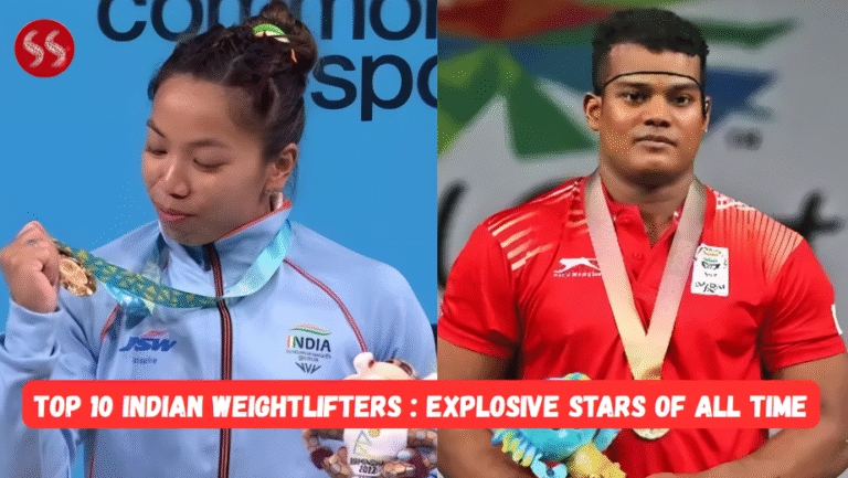 Top 10 Indian Weightlifters from past and present standing proudly on a podium with medals.