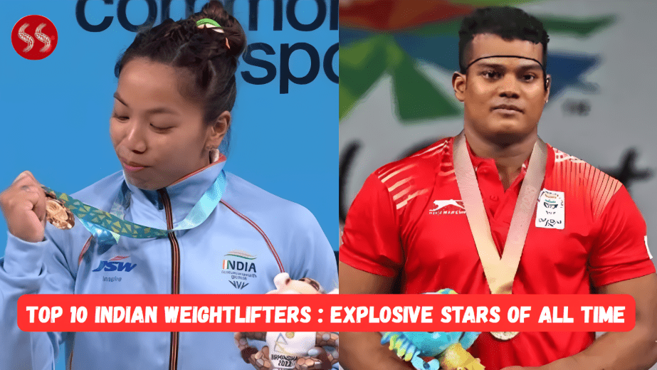 Top 10 Indian Weightlifters from past and present standing proudly on a podium with medals.