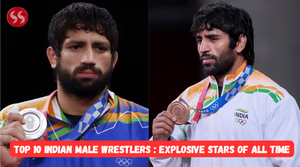 Top 10 Indian male wrestlers standing with medals and national flags after major international events.