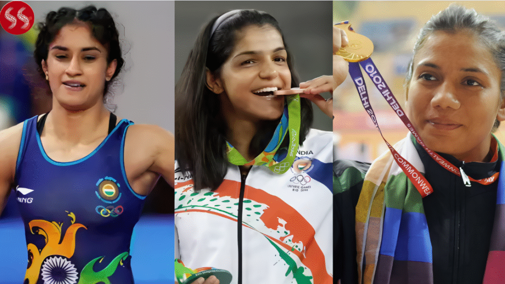 Top 10 Indian female wrestlers from past and present posing with medals at major international tournaments.