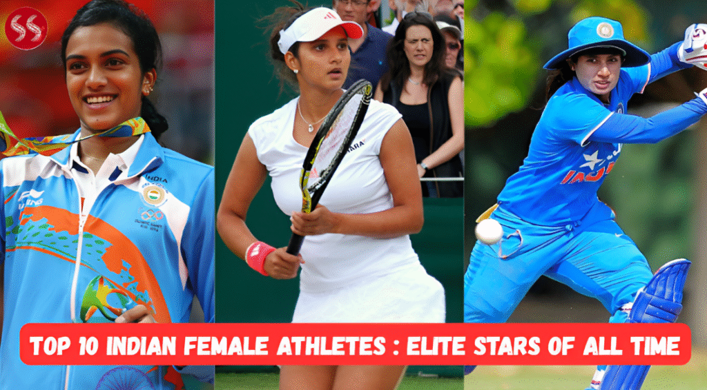 Top 10 Indian Female Athletes proudly celebrating with medals and Indian flags after historic victories