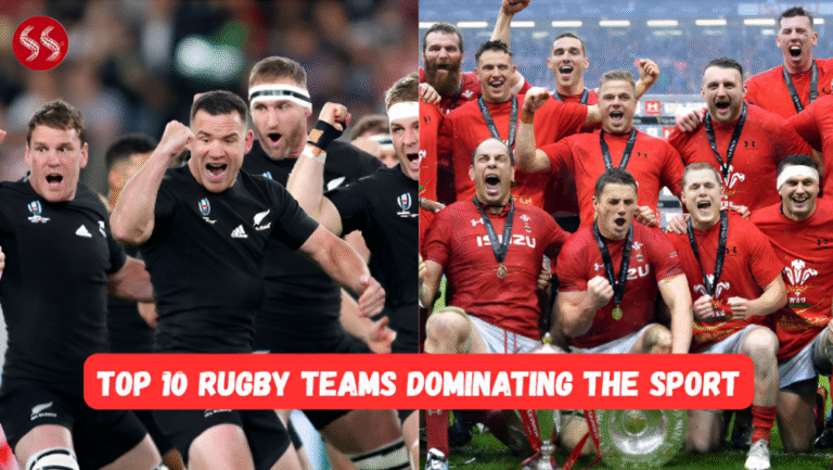 Top 10 Rugby Teams in the world with rugby action scenes and celebrating victories