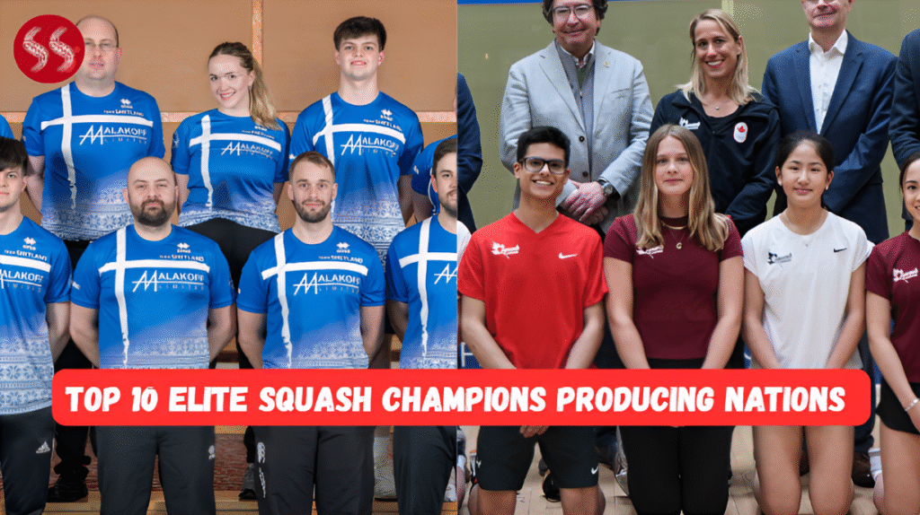 A collage of the Top 10 Elite Squash Champions from different countries with national flags in the background