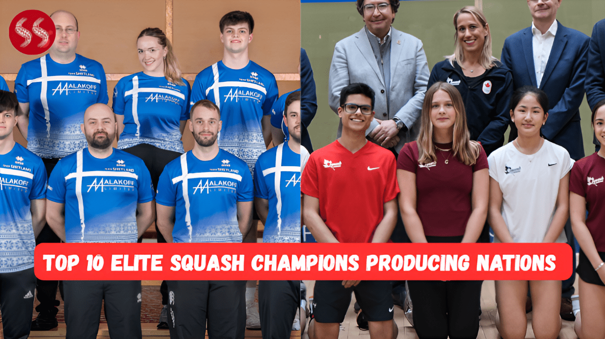 A collage of the Top 10 Elite Squash Champions from different countries with national flags in the background
