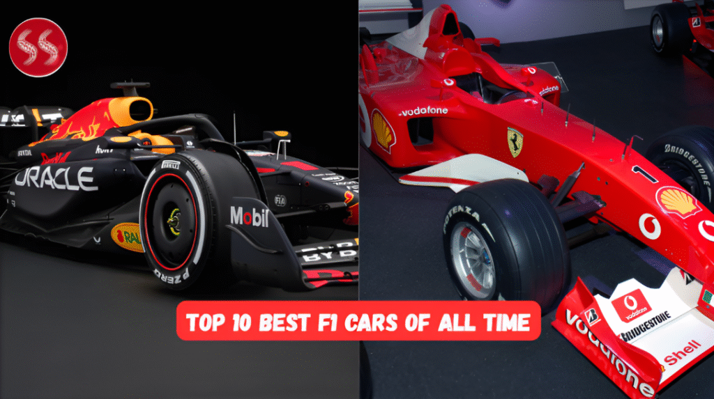 Top 10 Best F1 Cars of All Time racing on iconic circuits