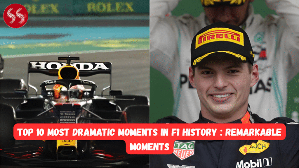 An iconic image showing a car collision or a close finish, representing the Top 10 Most Dramatic Moments in F1 history.