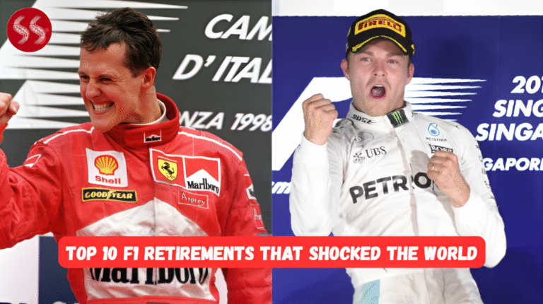 An F1 car driving off into the sunset or a driver waving goodbye, symbolizing the Top 10 F1 Retirements that shocked the world.