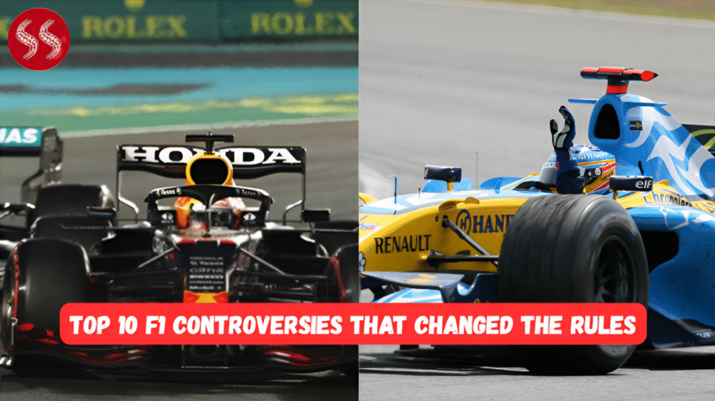 A dramatic F1 race incident or a car being inspected by officials, symbolizing the Top 10 F1 Controversies that led to rule changes