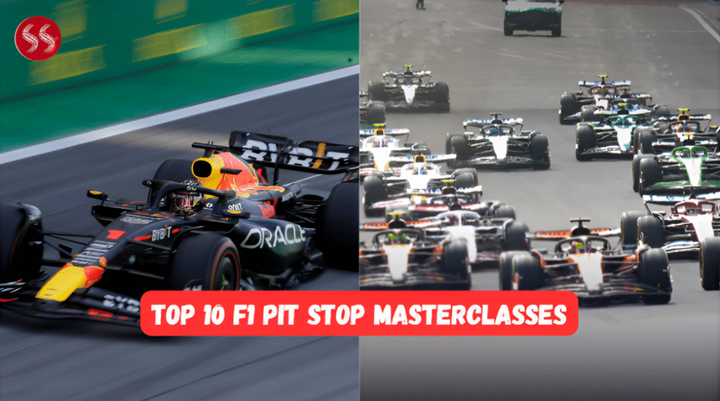 An F1 pit crew in action, a blur of motion during a lightning-fast tire change, symbolizing the Top 10 F1 Pit Stop Masterclasses.