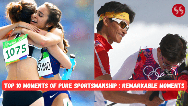 Two athletes from different teams embracing or helping each other after a competition, symbolizing the Top 10 Moments of Pure Sportsmanship.
