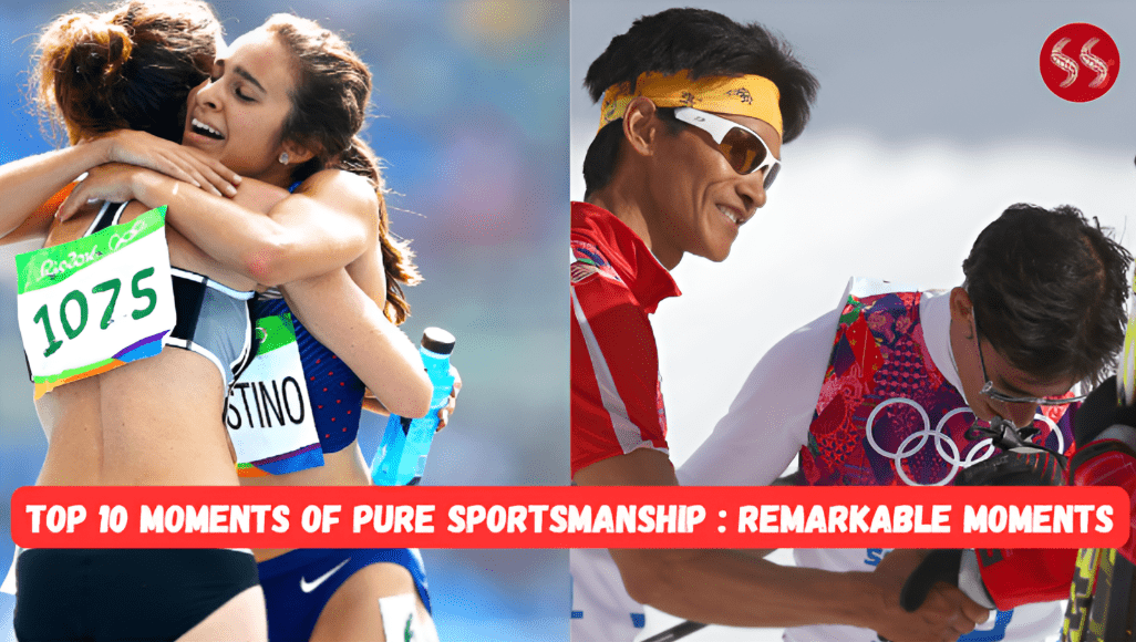 Two athletes from different teams embracing or helping each other after a competition, symbolizing the Top 10 Moments of Pure Sportsmanship.