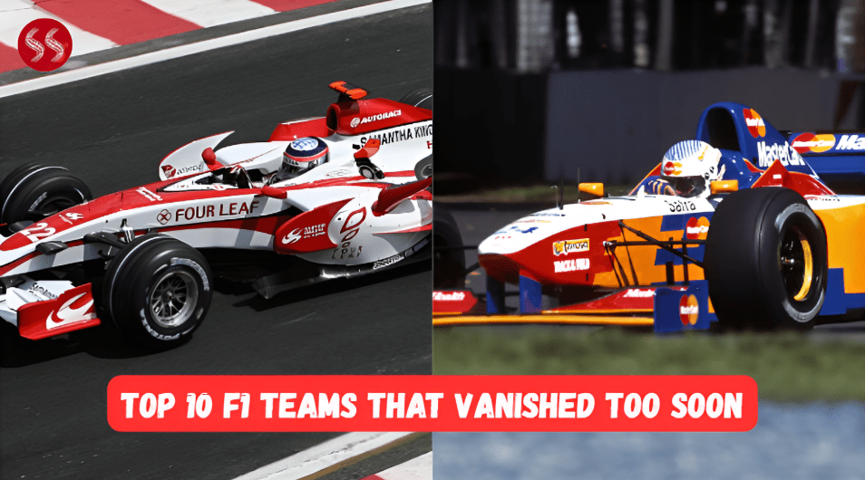 A collage of iconic but now-defunct F1 cars, including the yellow Jordan, the blue Prost, and the black and gold Lotus, symbolizing the Top 10 F1 Teams That Vanished.
