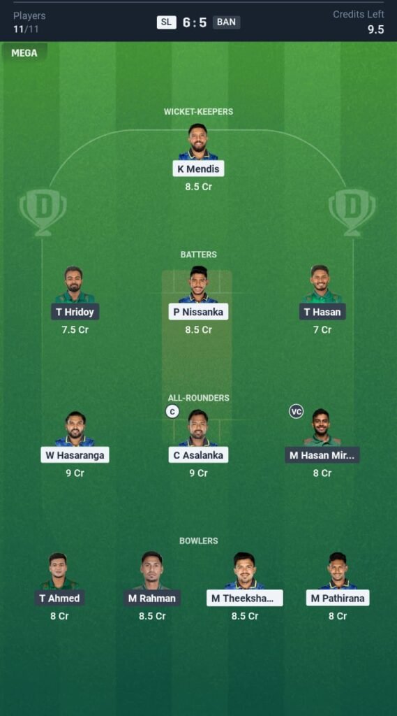 SL vs BAN Today's Dream11 Fantasy Team