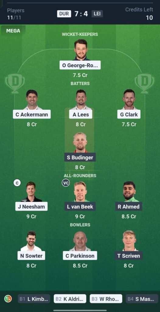 DUR vs LEI Today's Dream11 Fantasy Team: 113th T20 Match & Promising Pitch Report 3 DUR vs LEI Today's Dream11 Fantasy Team: 113th T20 Match & Promising Pitch Report