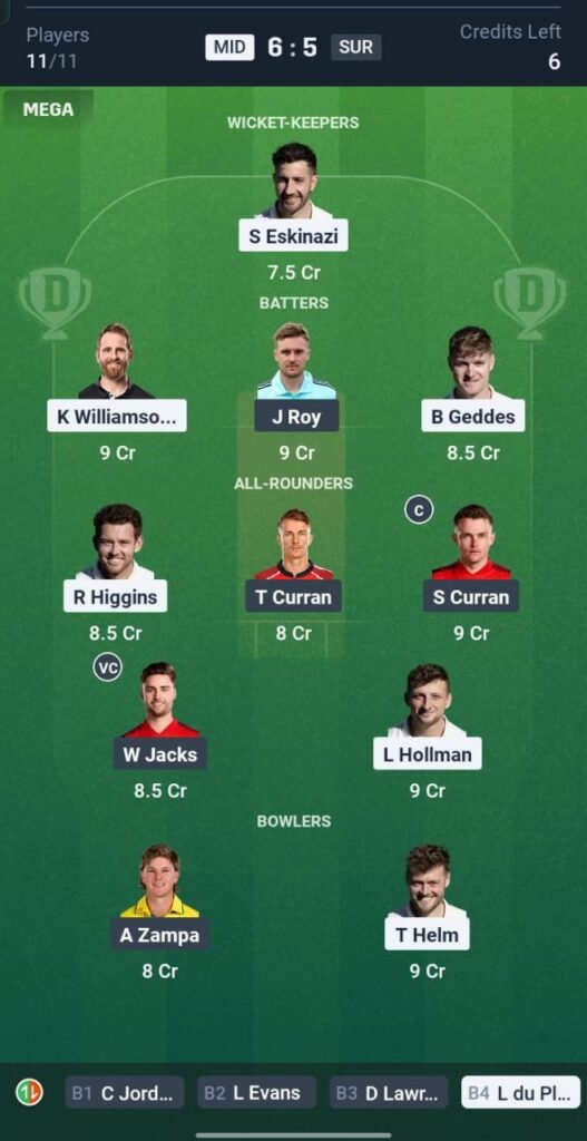 MID vs SUR Today's Dream11 Fantasy Team: 114th T20 Match & Promising Pitch Report