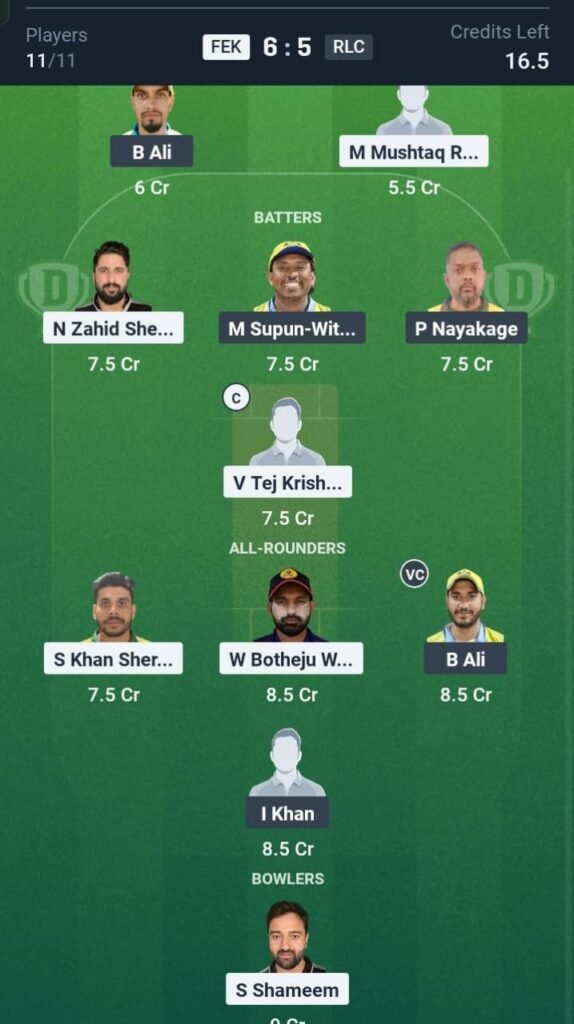 FEK vs RLC Today's Dream11 Fantasy Team: 26th T20 Match & Promising Pitch Report 3 FEK vs RLC Today's Dream11 Fantasy Team: 26th T20 Match & Promising Pitch Report