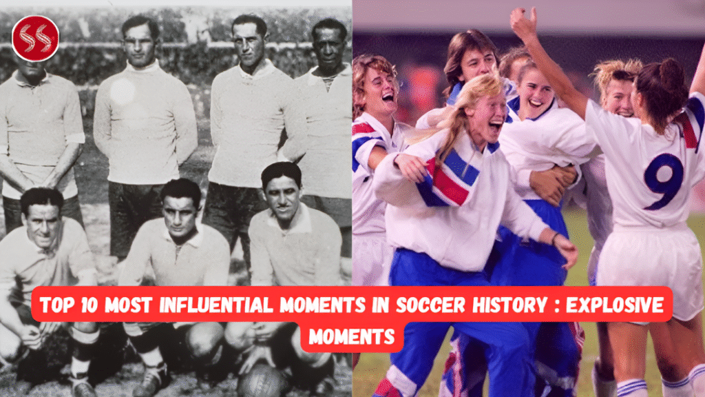 A collage of iconic soccer images, including Diego Maradona's "Hand of God" goal, the 1954 World Cup Final, and the VAR technology screen, symbolizing the Top 10 Most Influential Moments in the sport.