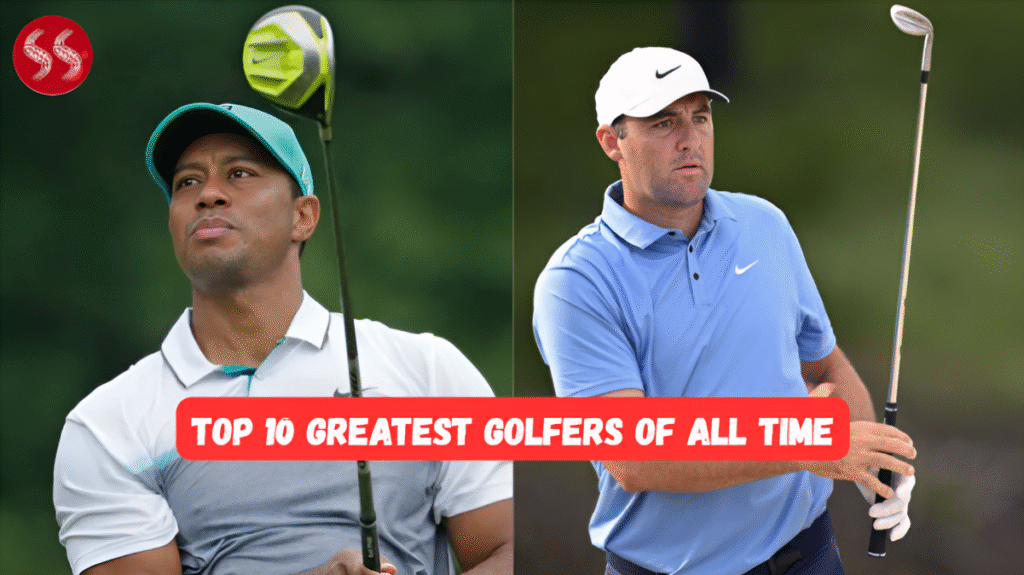 A collage of golf legends including Jack Nicklaus, Tiger Woods, and Arnold Palmer, representing the Top 10 Greatest Golfers of all time