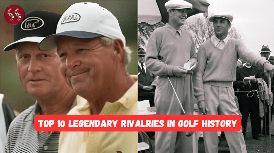 A photo collage of golf legends including Jack Nicklaus, Arnold Palmer, Tiger Woods, and Phil Mickelson, representing the Top 10 Legendary Rivalries in golf history.
