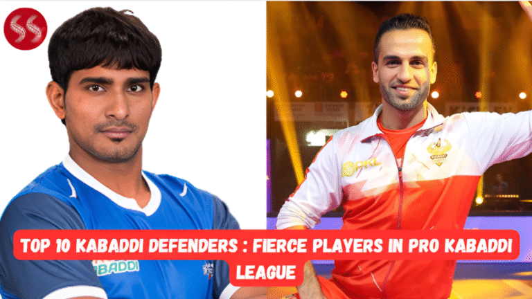 A collage of images featuring the Top 10 Kabaddi Defenders, including Fazel Atrachali executing an ankle hold.