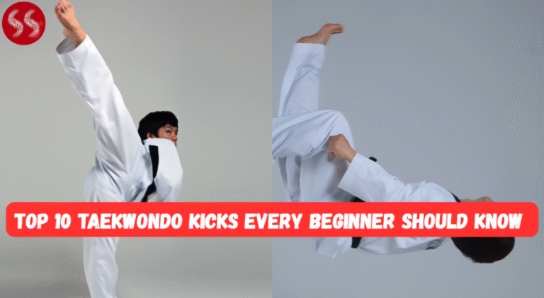 A photo of a Taekwondo student performing a perfect Roundhouse Kick, representing the Top 10 Taekwondo Kicks
