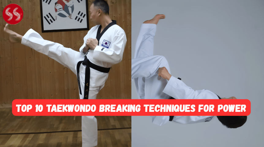 A photo of a Taekwondo student performing a perfect Side Kick to break a stack of boards, representing the Top 10 Taekwondo Breaking techniques