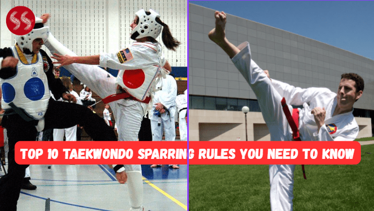 A photo of two Taekwondo athletes sparring in a match, with one of them attempting a kick to the head, representing the Top 10 Taekwondo Sparring Rules.