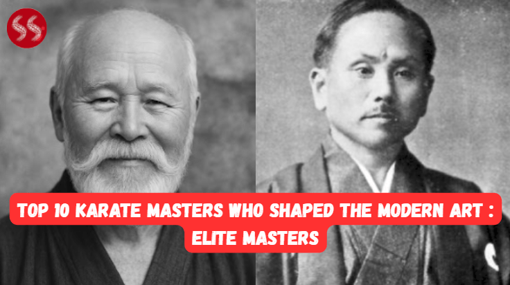 A photo of a classic black and white photo of Gichin Funakoshi, a tribute to the Top 10 Karate Masters.