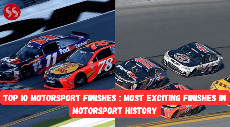 A photo of two race cars crossing the finish line in a tight photo finish, representing the most exciting finishes in motorsport history and the Top 10 Motorsport Finishes.