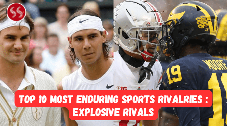 A photo collage showcasing different famous sports rivalries, including boxing, baseball, basketball, and cricket, representing the ultimate Top 10 Most Enduring Sports Rivalries.