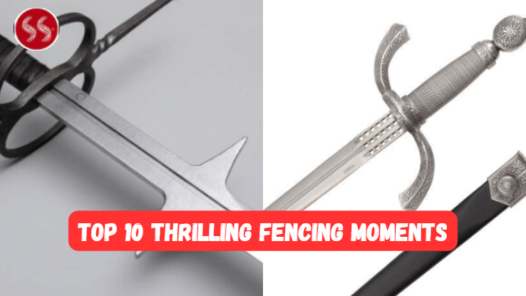 A photo collage of different fencing weapons, including a foil, an épée, and a sabre, representing the ultimate Top 10 Fascinating Fencing Weapons.