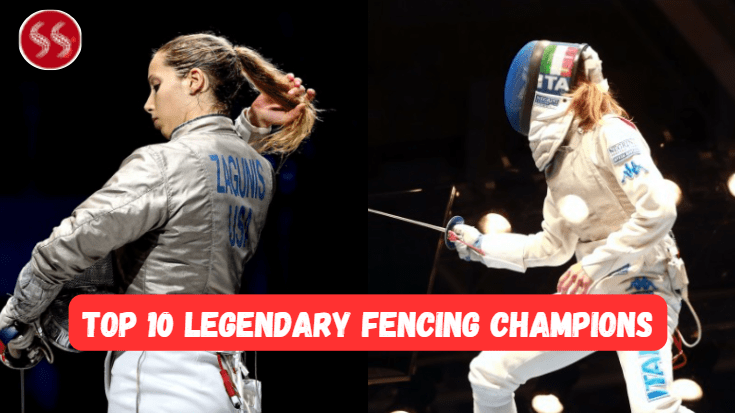 A photo collage of different legendary fencers, including Valentina Vezzali, Aladár Gerevich, and Edoardo Mangiarotti, representing the ultimate Top 10 Legendary Fencing Champions