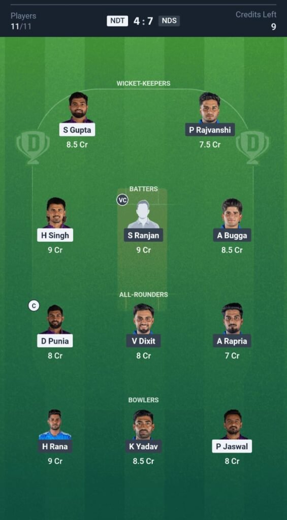 NDT vs NDS Today's Dream11 Fantasy Team